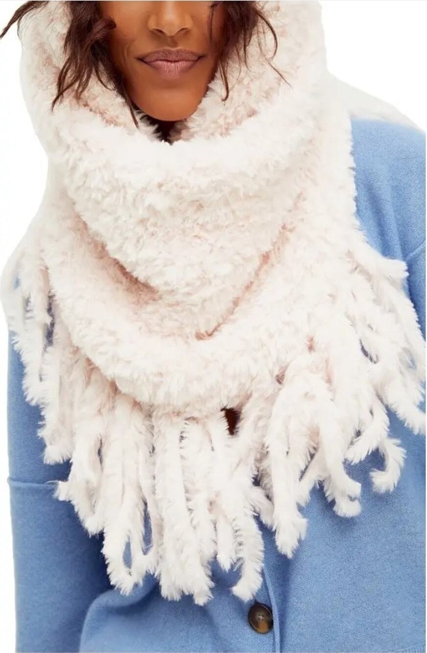 Free People Cascade Fringe Cowl Neck Scarf White Fuzzy Sherpa Oversized Winter
